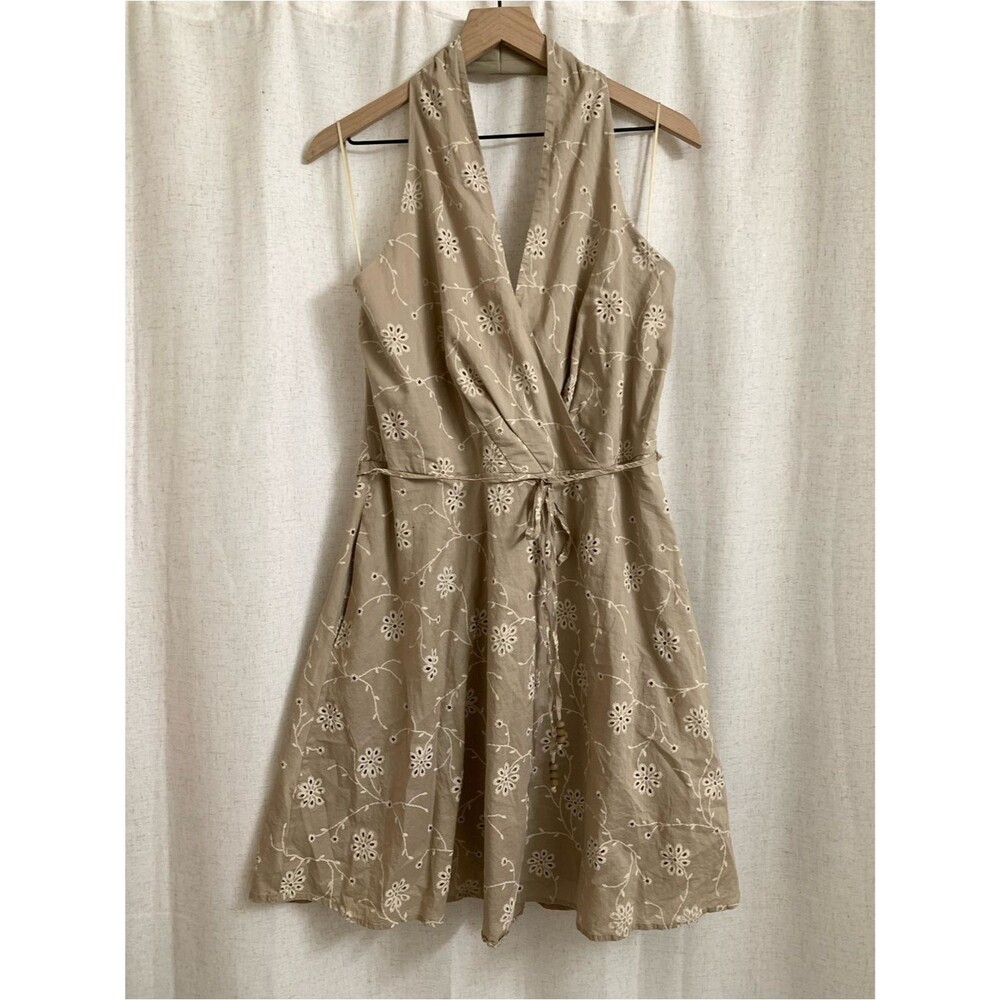 Joie 100% Cotton Shell Beige Floral Embroidered Eyelet A line Mini Dress 16